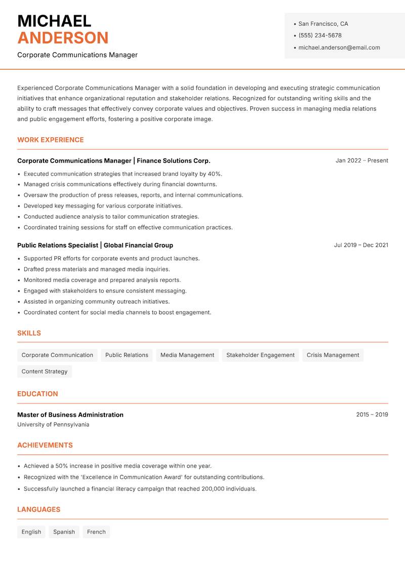 Corporate Communications Manager resume sample — Corporate Communications Manager focus