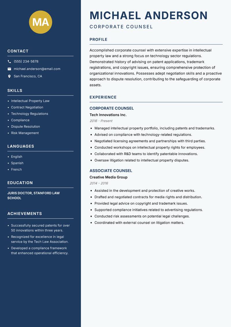 Corporate Counsel resume sample — Corporate Counsel focus