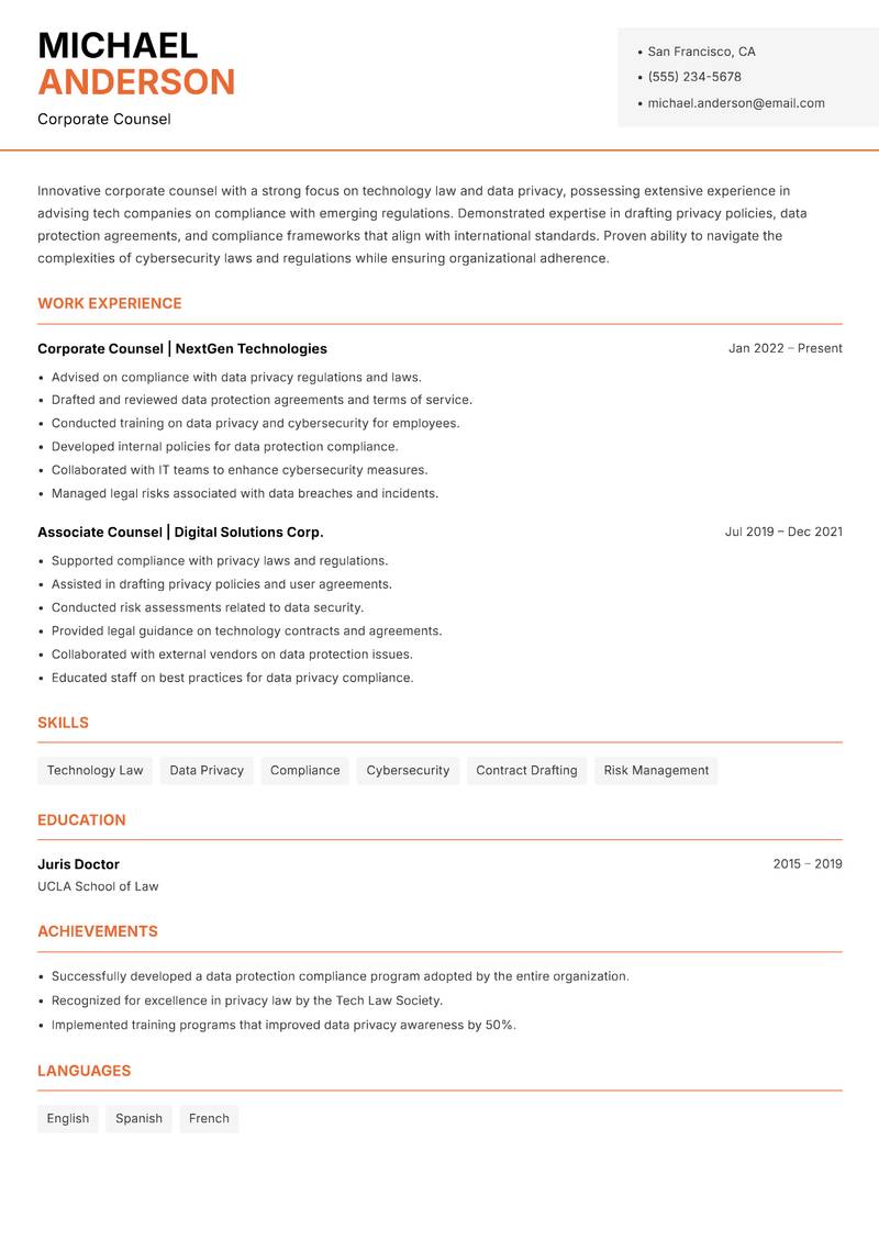 Corporate Counsel resume sample — Corporate Counsel focus