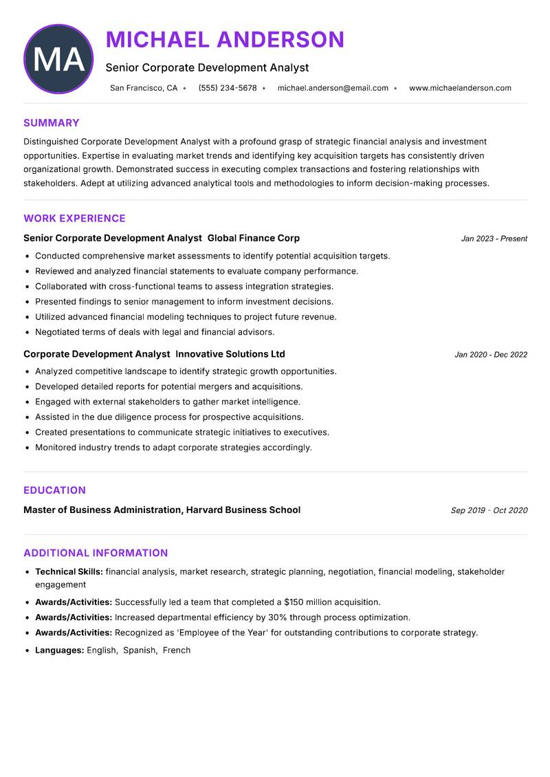 Corporate Development Analyst resume example