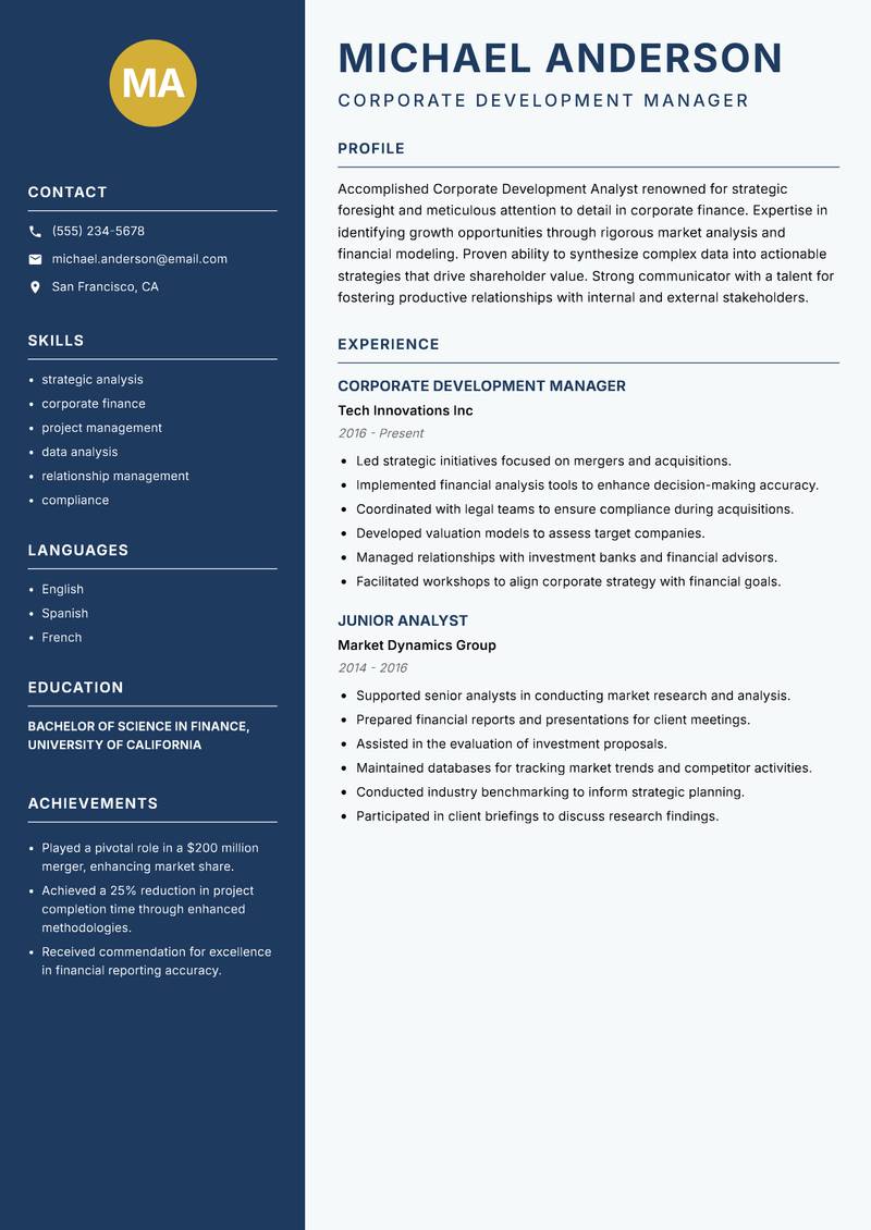 Corporate Development Analyst resume sample — Corporate Development Manager focus