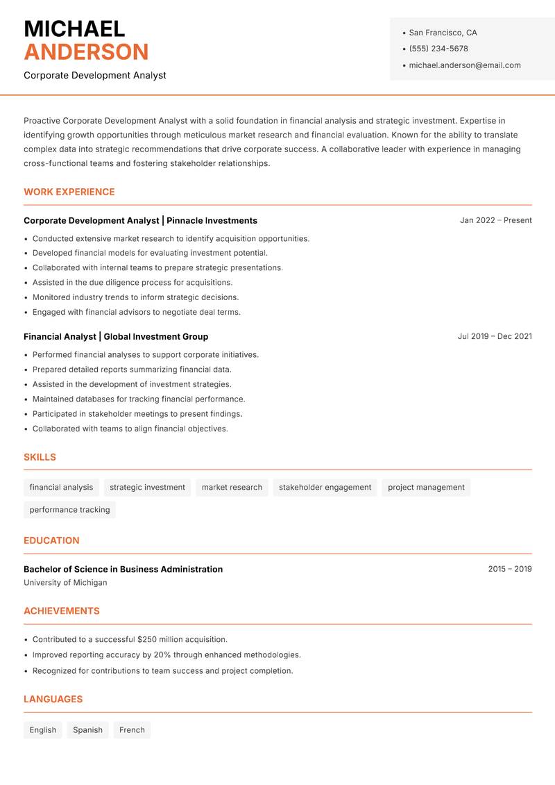 Corporate Development Analyst resume sample — Corporate Development Analyst focus