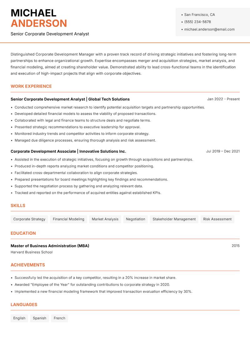 Corporate Development Manager resume sample — Senior Corporate Development Analyst focus