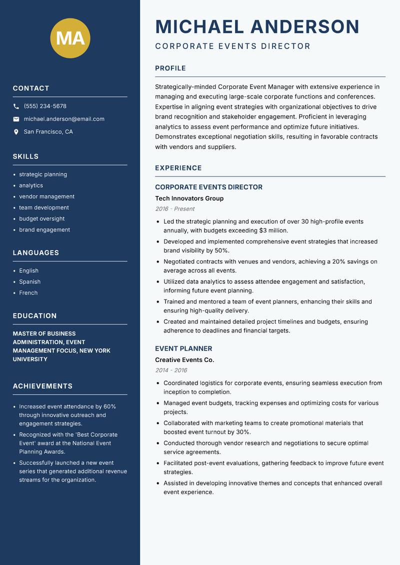 Corporate Event Manager resume sample — Corporate Events Director focus