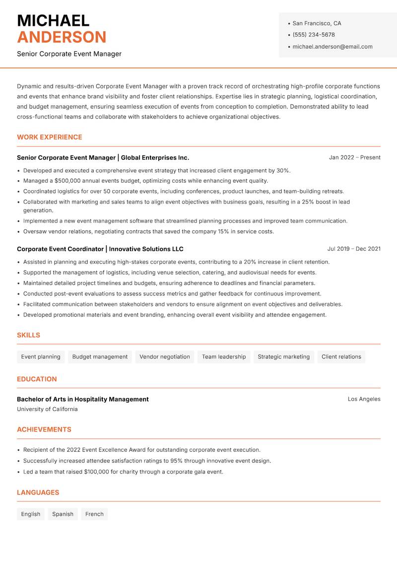 Corporate Event Manager resume sample — Senior Corporate Event Manager focus