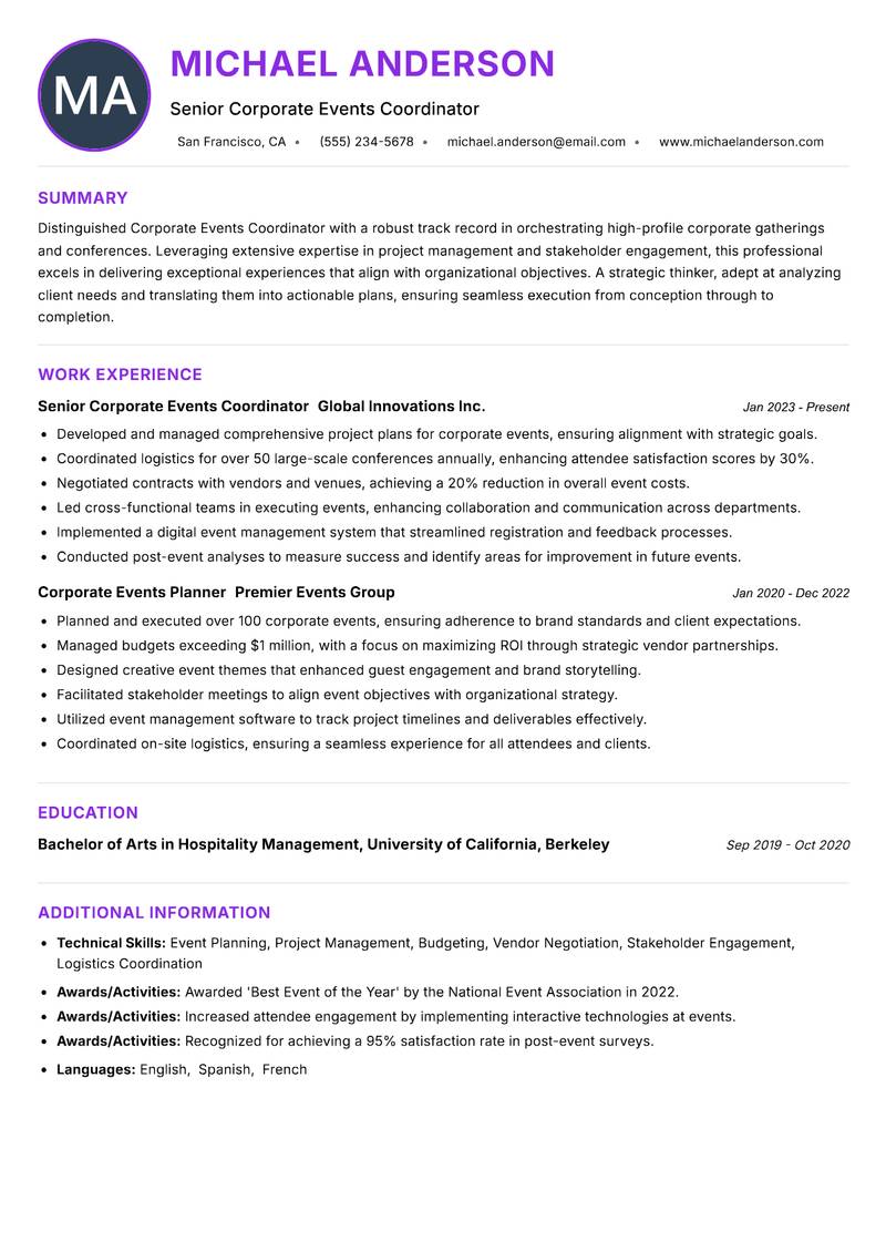 Corporate Events Coordinator resume example
