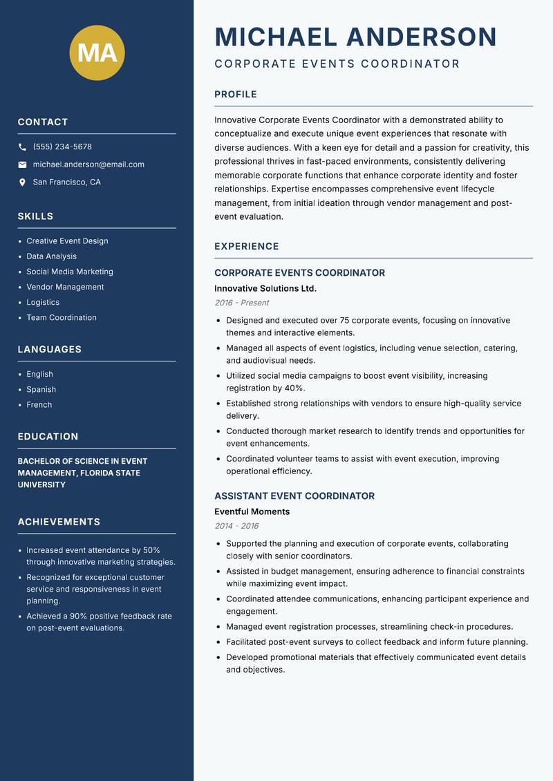 Corporate Events Coordinator resume sample — Corporate Events Coordinator focus