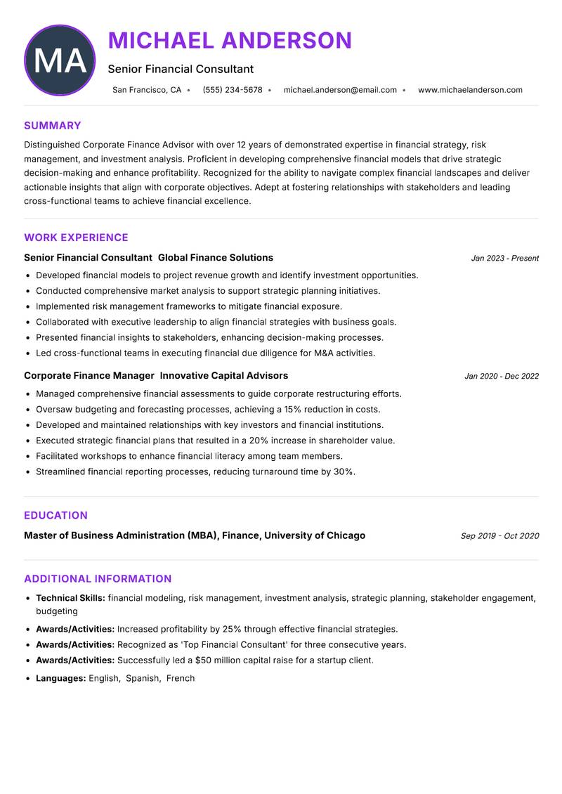 Corporate Finance Advisor resume example