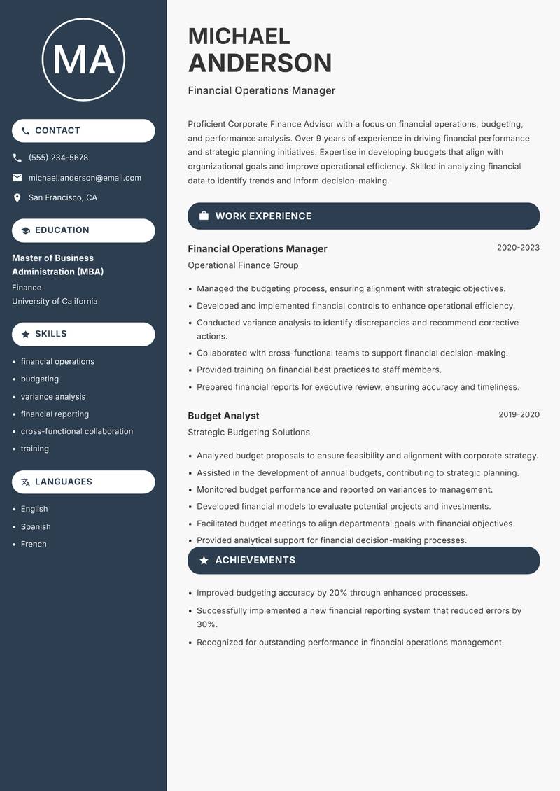 Corporate Finance Advisor resume sample — Financial Operations Manager focus
