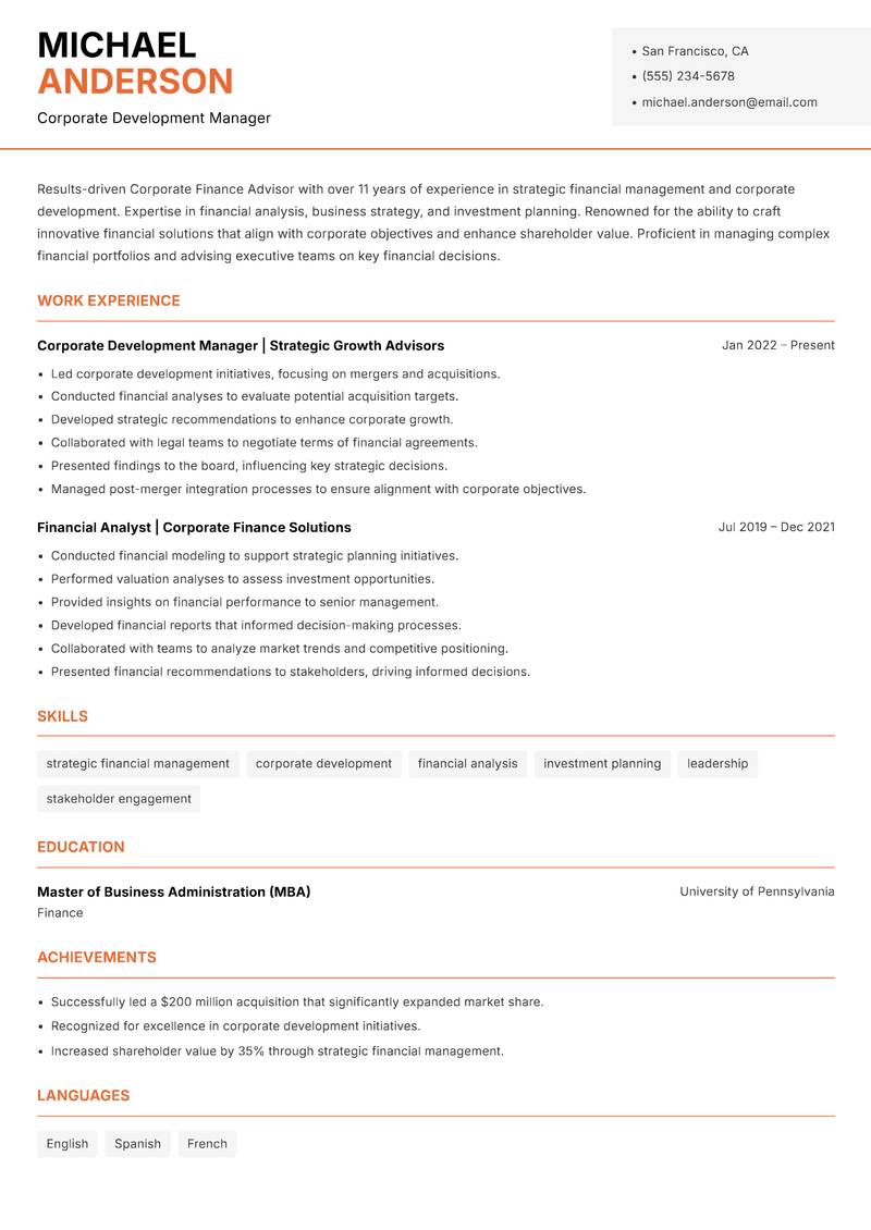 Corporate Finance Advisor resume sample — Corporate Development Manager focus
