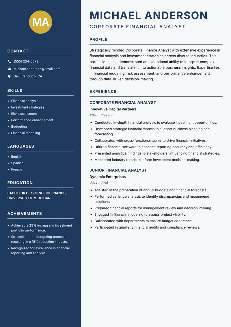 Corporate Finance Analyst resume sample — Corporate Financial Analyst focus