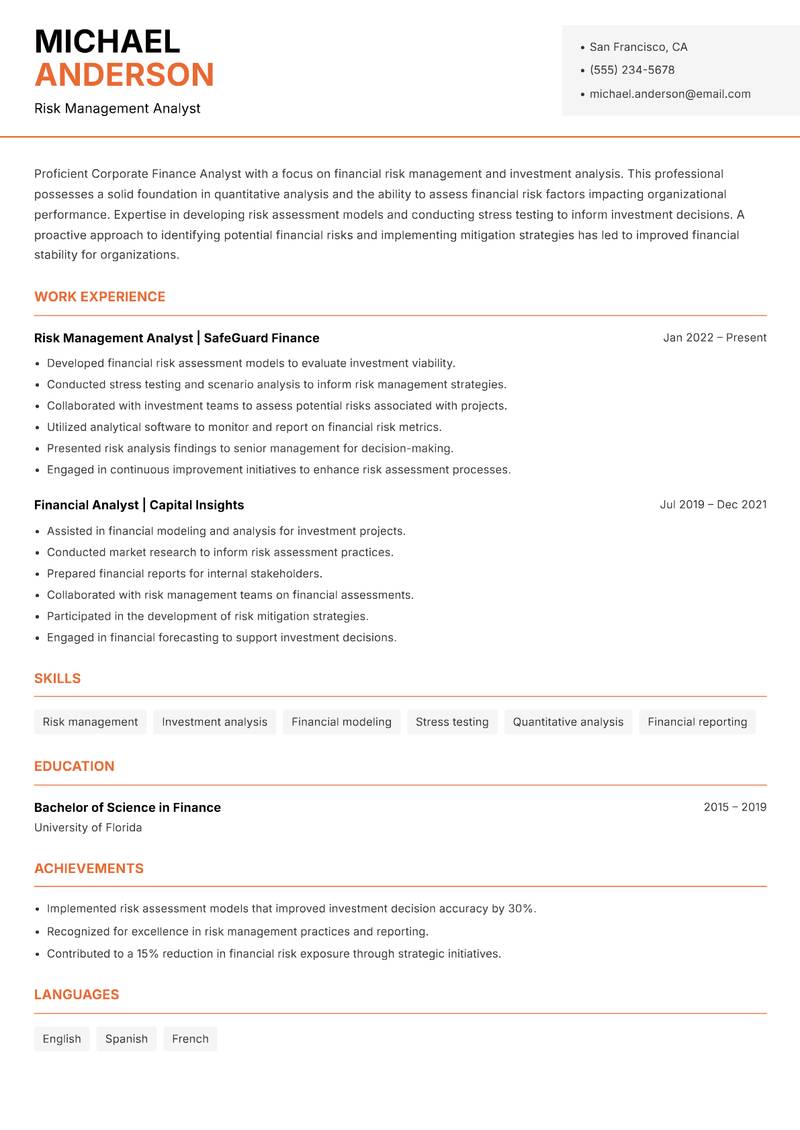 Corporate Finance Analyst resume sample — Risk Management Analyst focus
