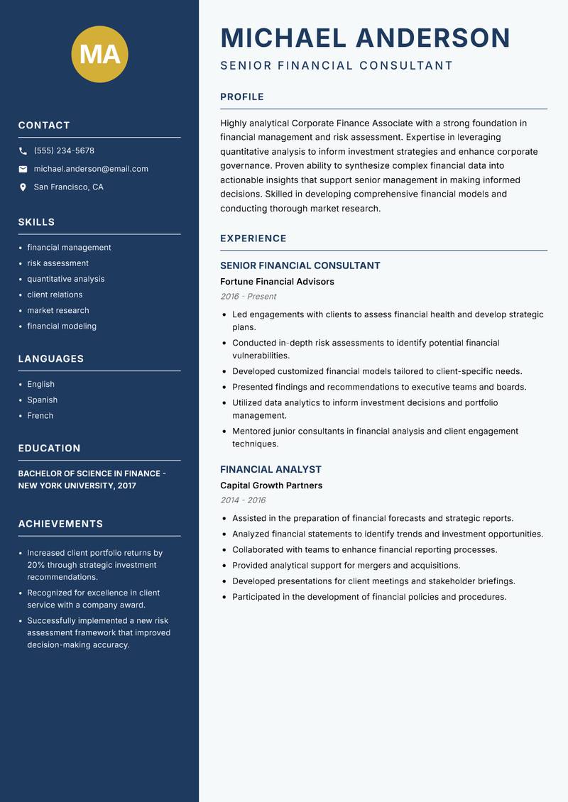 Corporate Finance Associate resume sample — Senior Financial Consultant focus