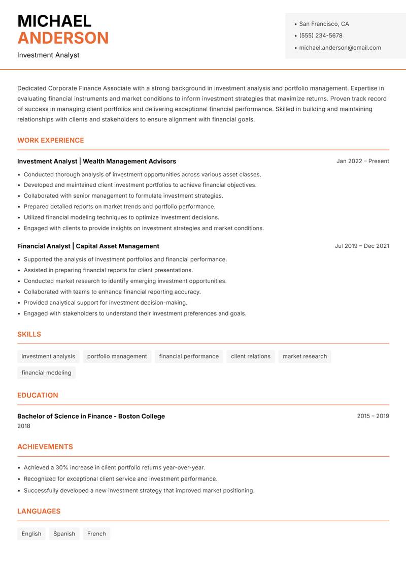 Corporate Finance Associate resume sample — Investment Analyst focus