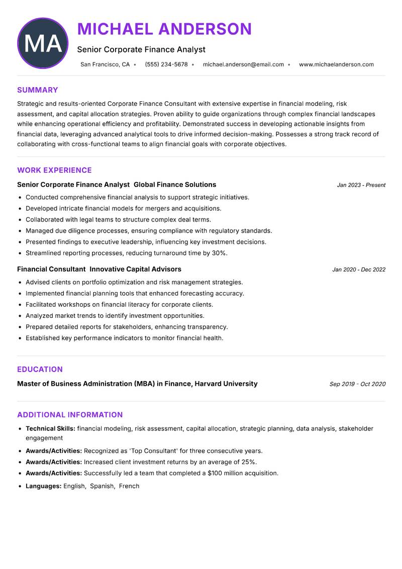 Corporate Finance Consultant resume example