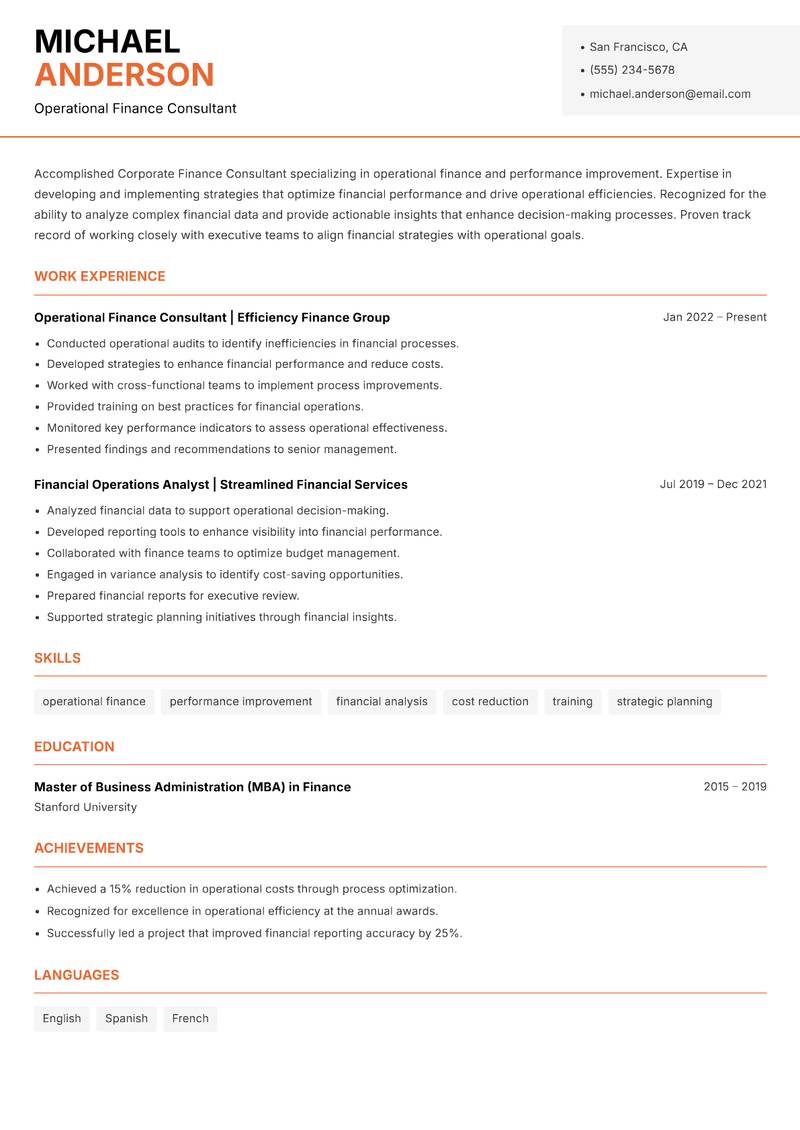 Corporate Finance Consultant resume sample — Operational Finance Consultant focus