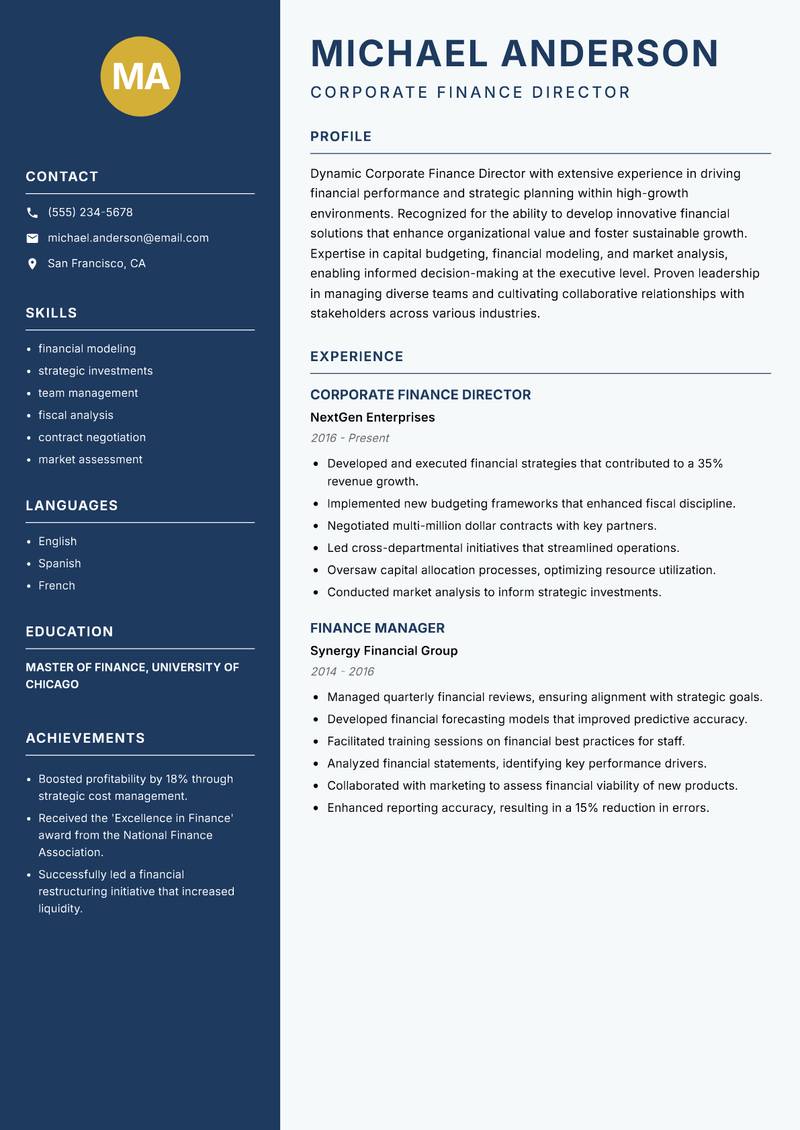 Corporate Finance Director resume sample — Corporate Finance Director focus