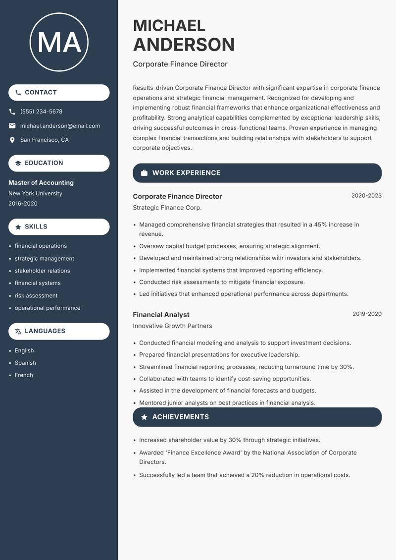 Corporate Finance Director resume sample — Corporate Finance Director focus