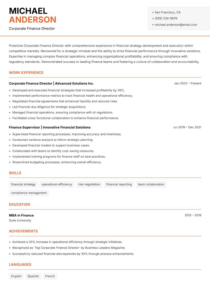 Corporate Finance Director resume sample — Corporate Finance Director focus