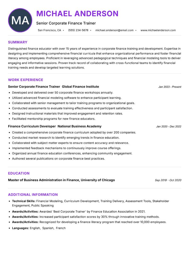 Corporate Finance Educator resume example