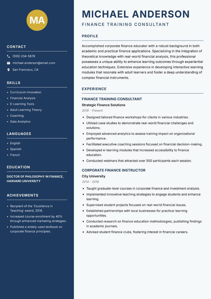 Corporate Finance Educator resume sample — Finance Training Consultant focus