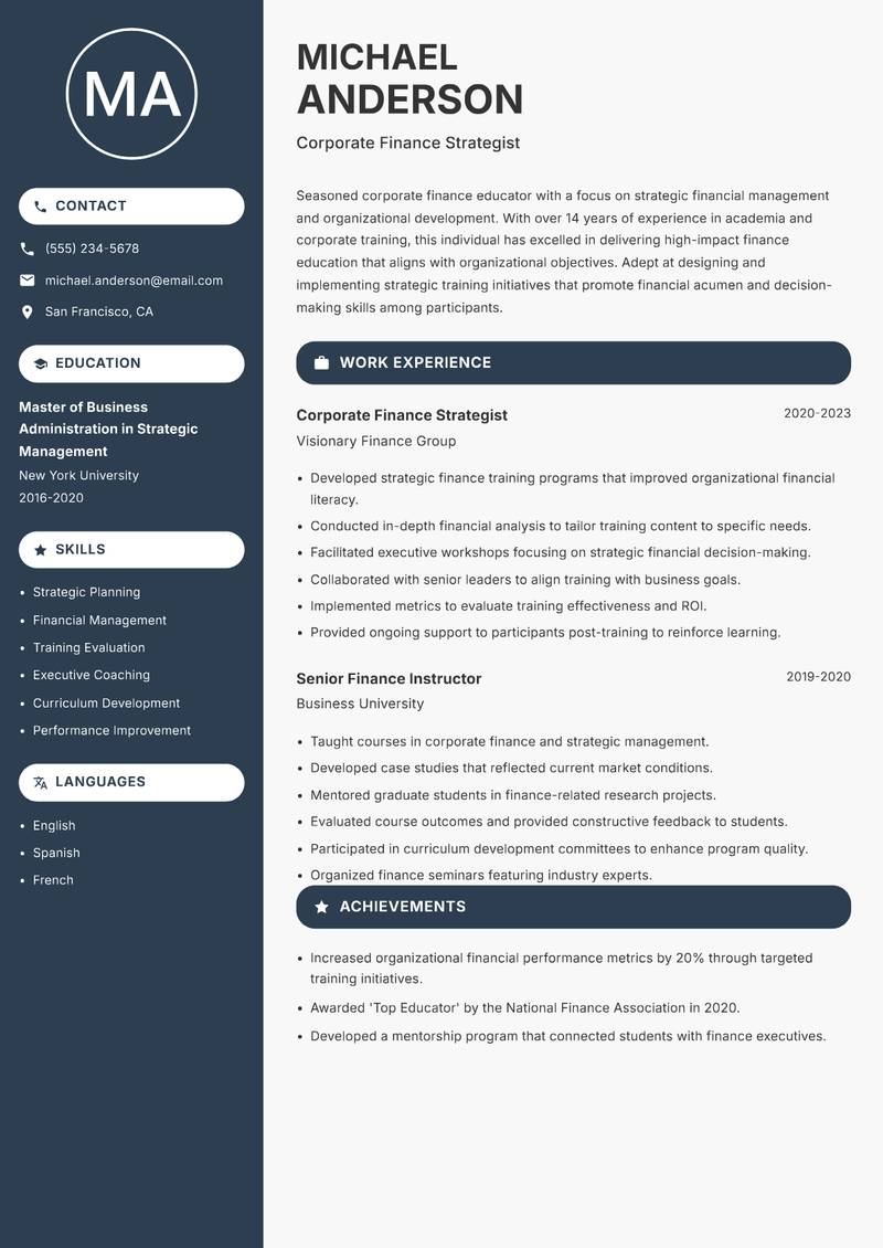 Corporate Finance Educator resume sample — Corporate Finance Strategist focus