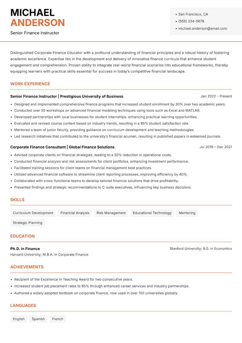 Corporate Finance Educator resume sample — Senior Finance Instructor focus