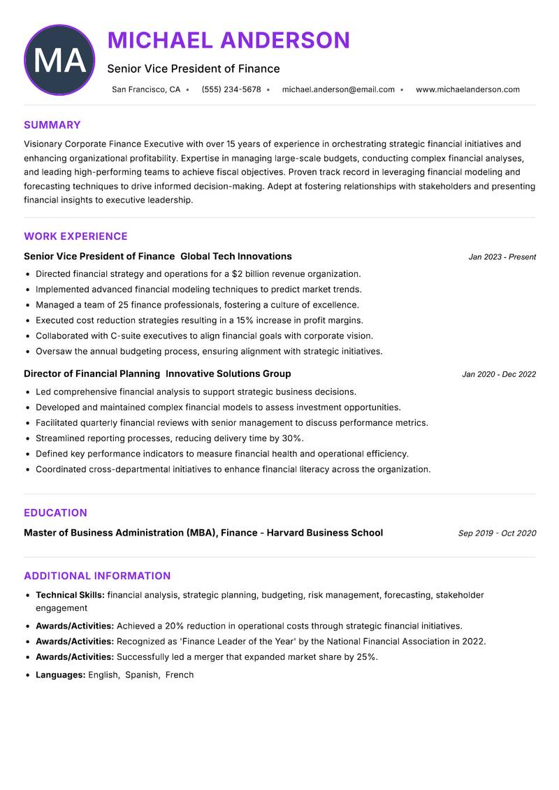 Corporate Finance Executive resume example