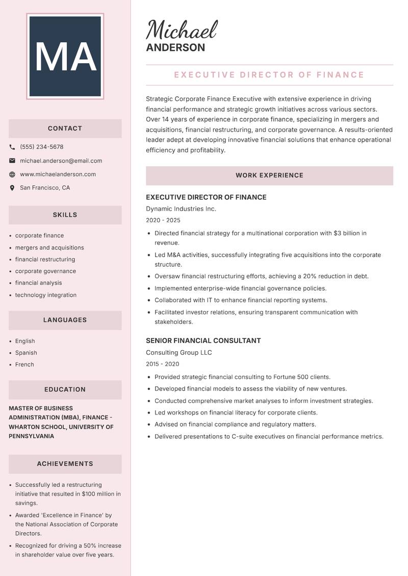 Corporate Finance Executive resume sample — Executive Director of Finance focus