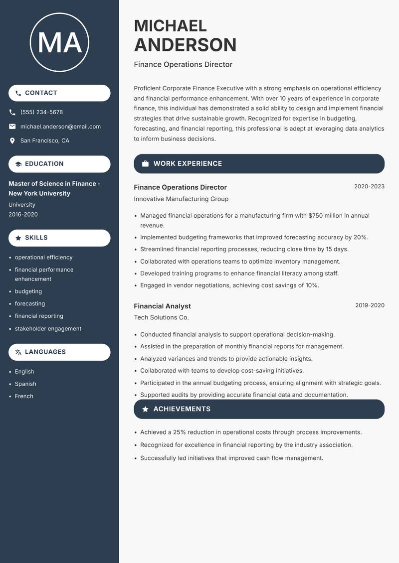 Corporate Finance Executive resume sample — Finance Operations Director focus
