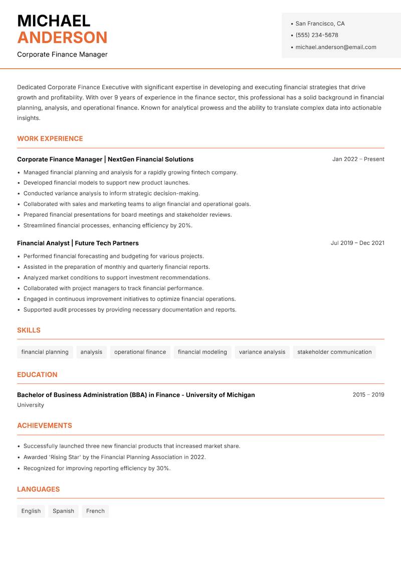 Corporate Finance Executive resume sample — Corporate Finance Manager focus