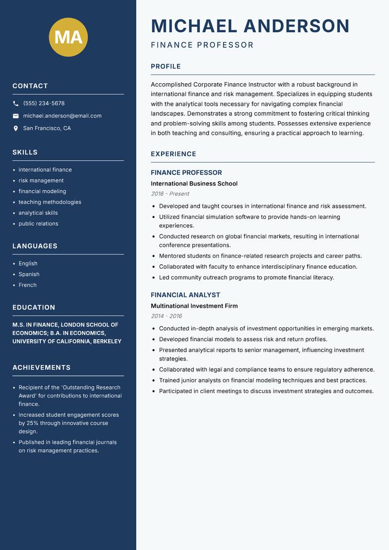 Corporate Finance Instructor resume sample — Finance Professor focus