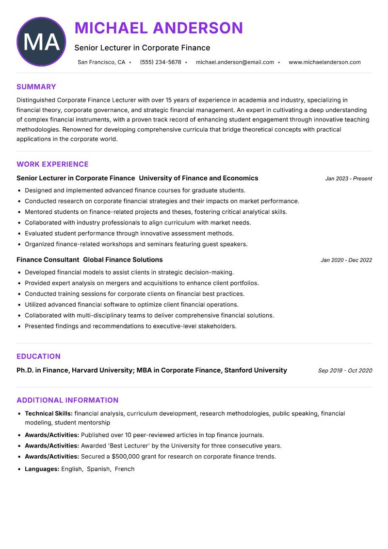 Corporate Finance Lecturer resume example