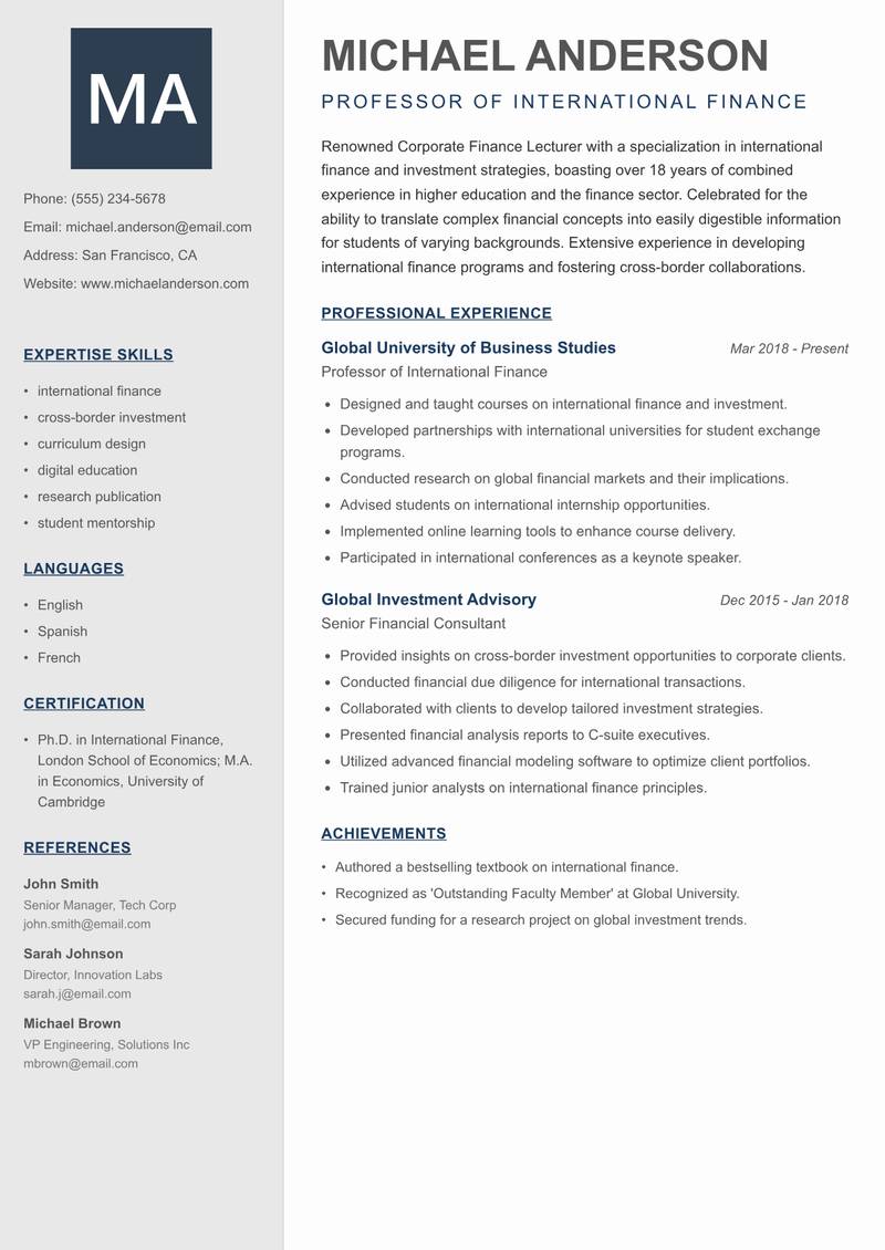 Corporate Finance Lecturer resume sample — Professor of International Finance focus