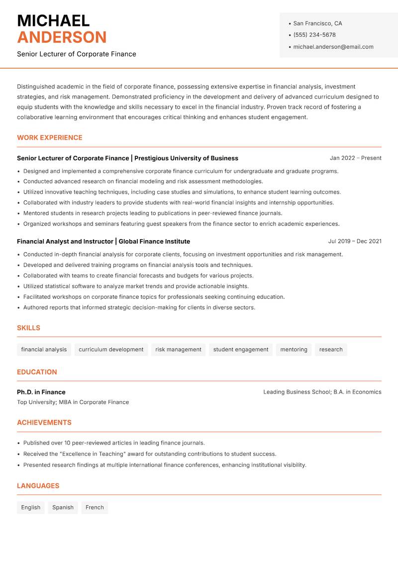 Corporate Finance Lecturer resume sample — Senior Lecturer of Corporate Finance focus
