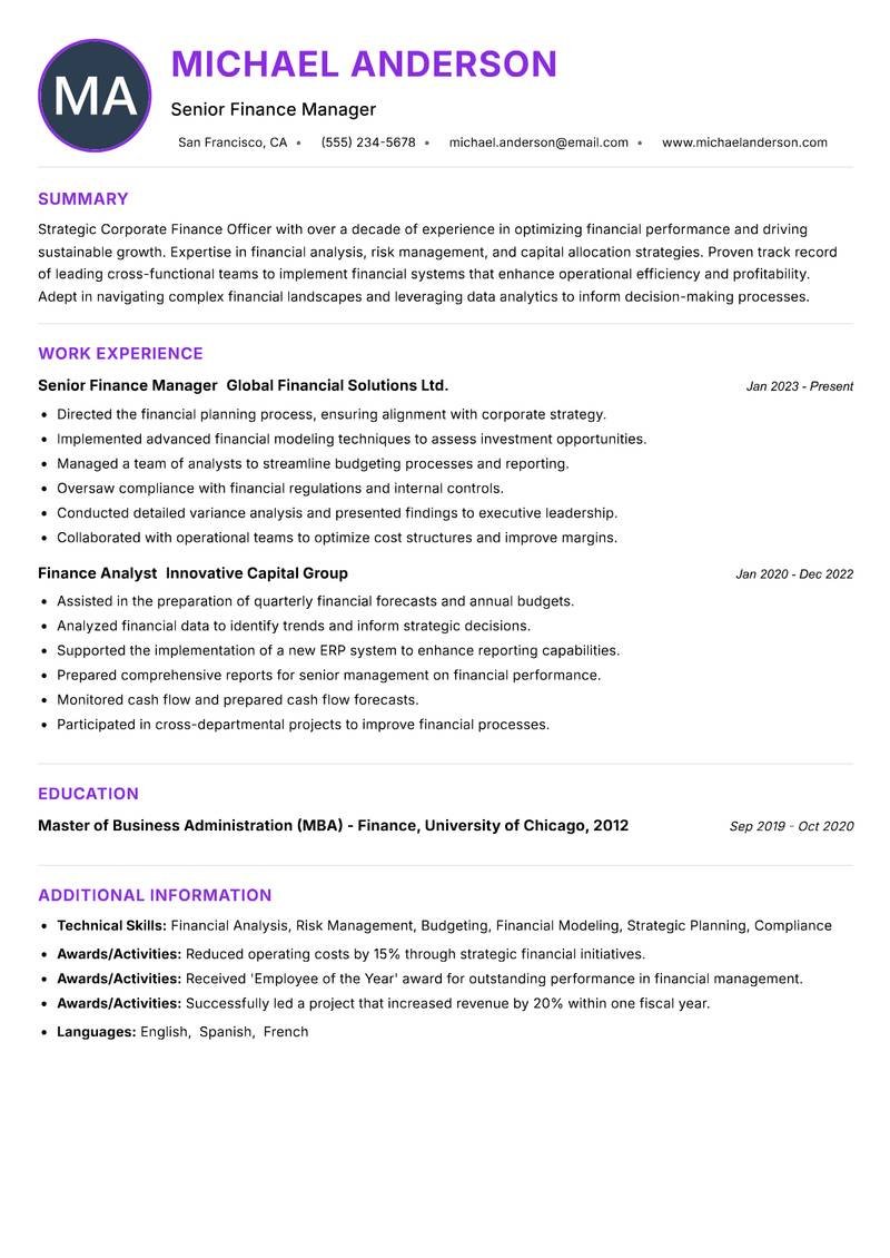 Corporate Finance Officer resume example