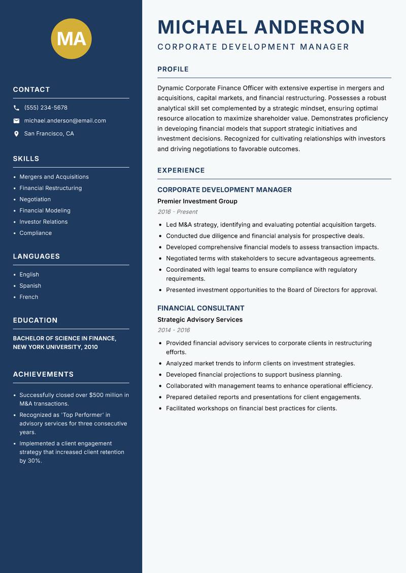 Corporate Finance Officer resume sample — Corporate Development Manager focus