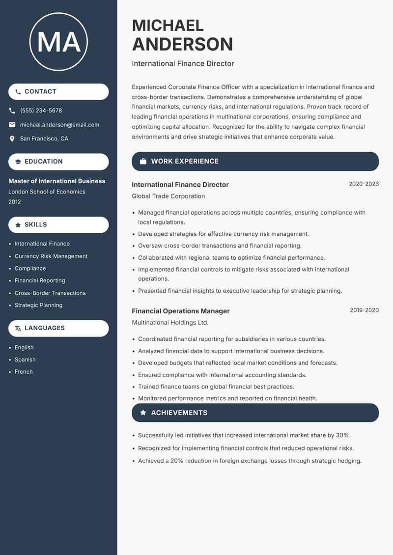 Corporate Finance Officer resume sample — International Finance Director focus