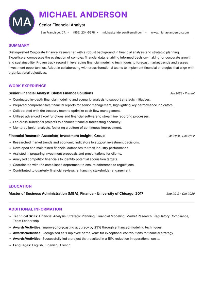Corporate Finance Researcher resume example