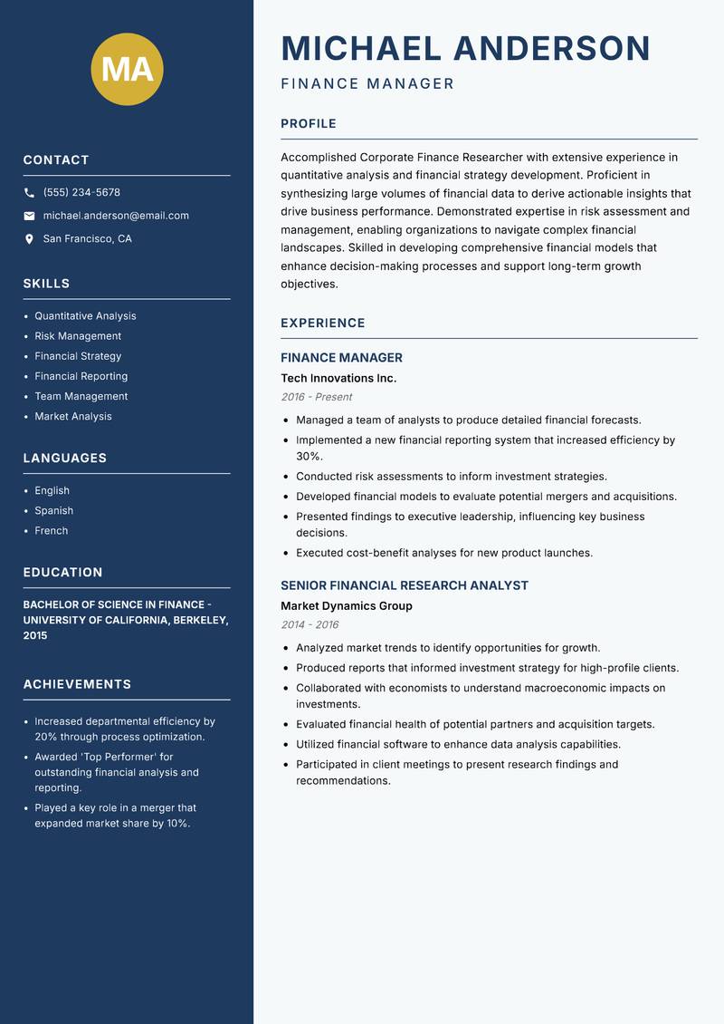 Corporate Finance Researcher resume sample — Finance Manager focus
