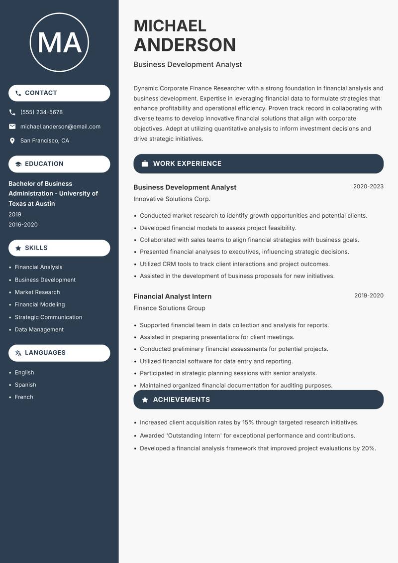 Corporate Finance Researcher resume sample — Business Development Analyst focus