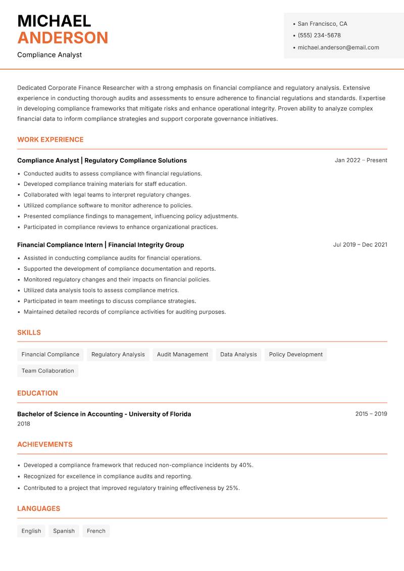 Corporate Finance Researcher resume sample — Compliance Analyst focus