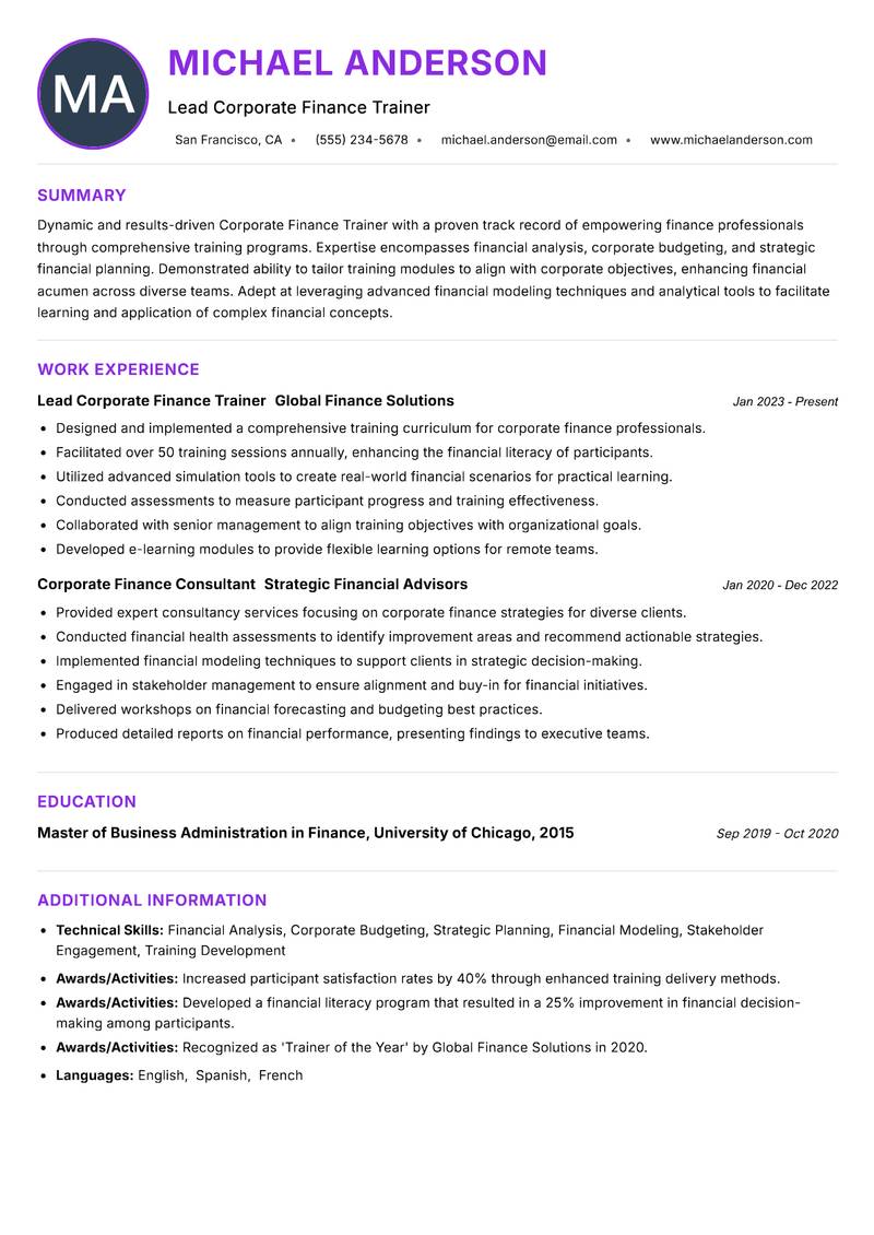 Corporate Finance Trainer resume example