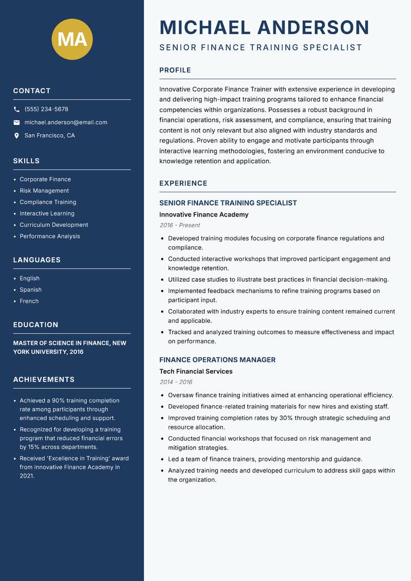 Corporate Finance Trainer resume sample — Senior Finance Training Specialist focus