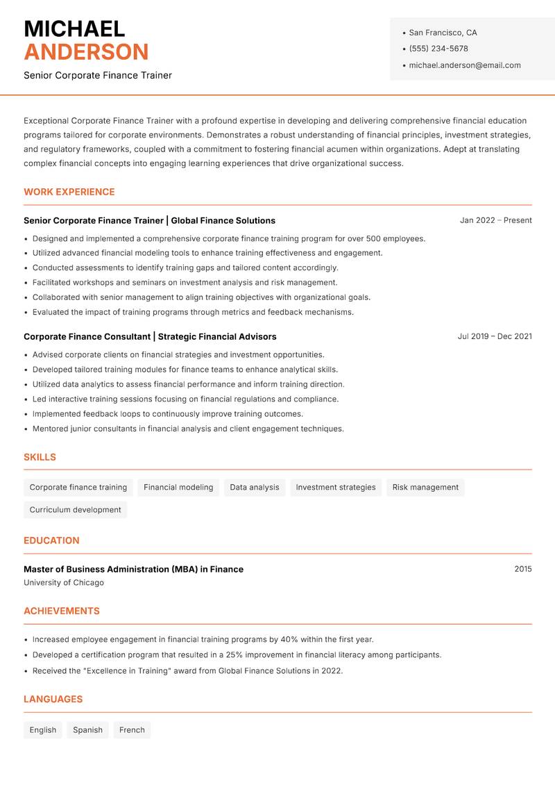 Corporate Finance Trainer resume sample — Senior Corporate Finance Trainer focus