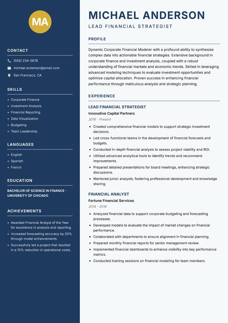 Corporate Financial Modeler resume sample — Lead Financial Strategist focus
