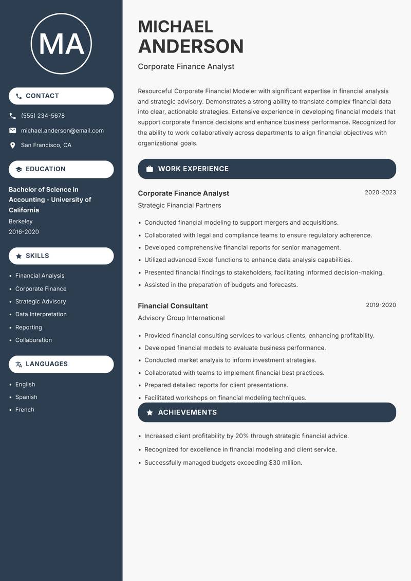 Corporate Financial Modeler resume sample — Corporate Finance Analyst focus
