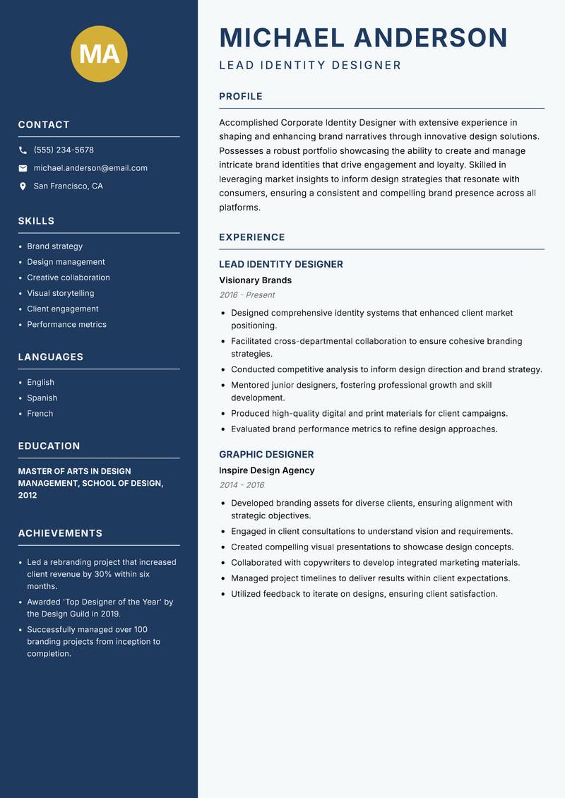 Corporate Identity Designer resume sample — Lead Identity Designer focus
