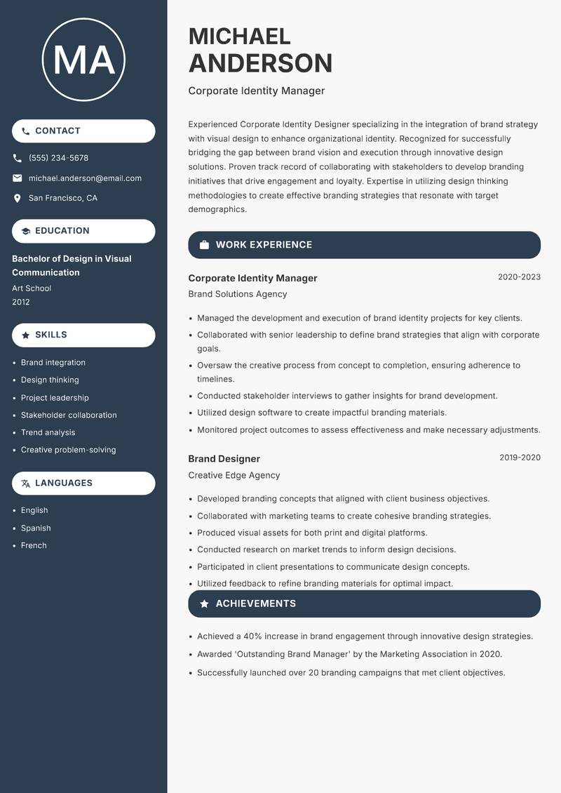 Corporate Identity Designer resume sample — Corporate Identity Manager focus