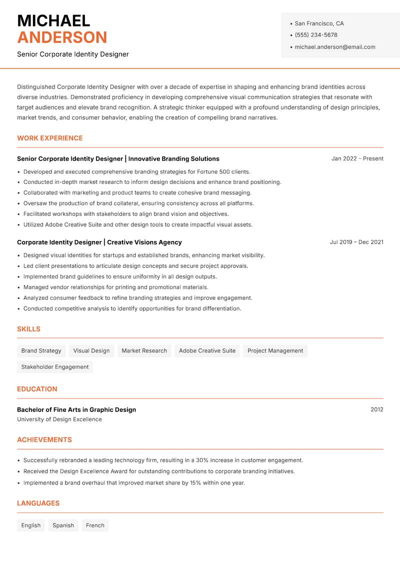 Corporate Identity Designer resume sample — Senior Corporate Identity Designer focus